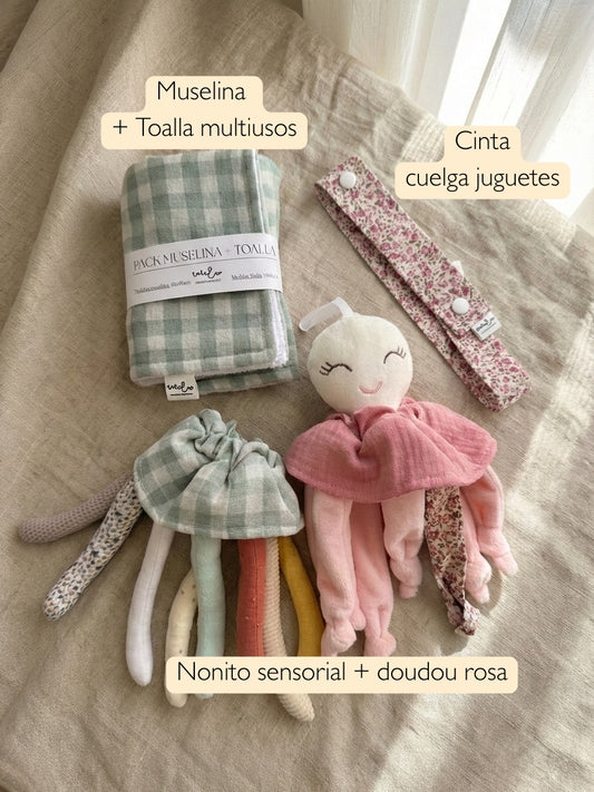 Pack Nonito rosa + Muselina y toalla + cinta cuelga juguetes