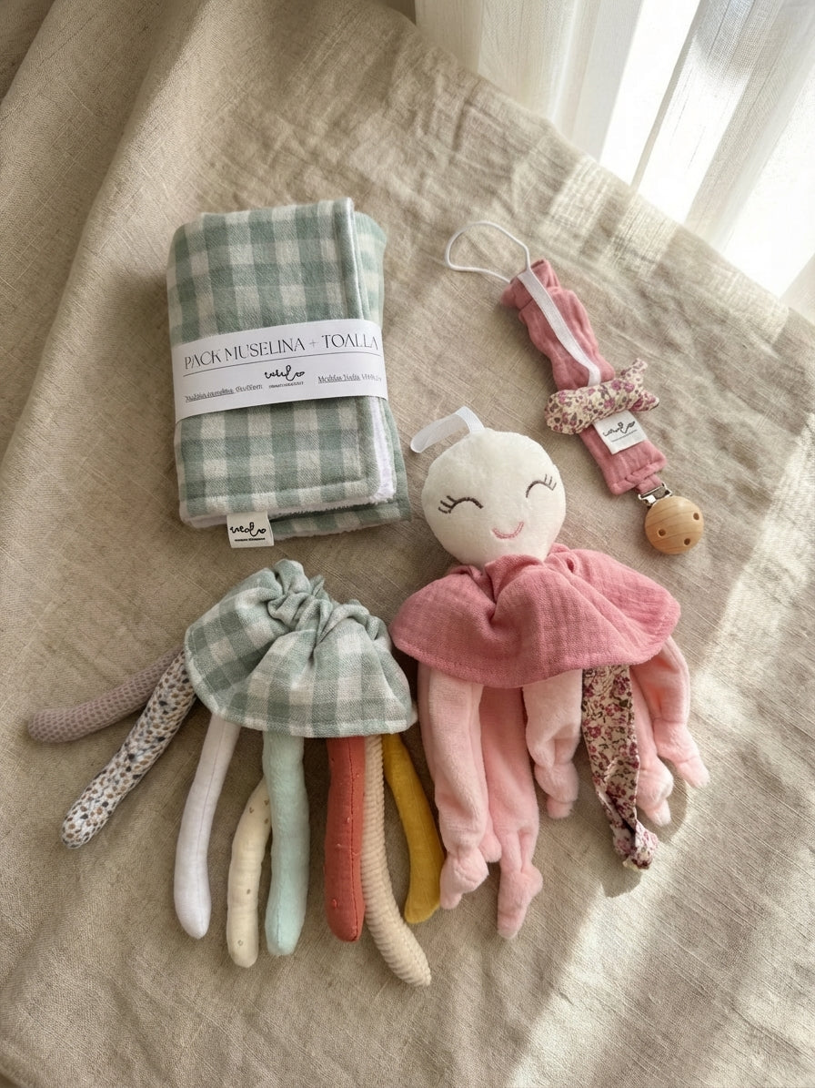 Pack Nonito el pulpito (rosa) + Muselina y toalla + chupetero