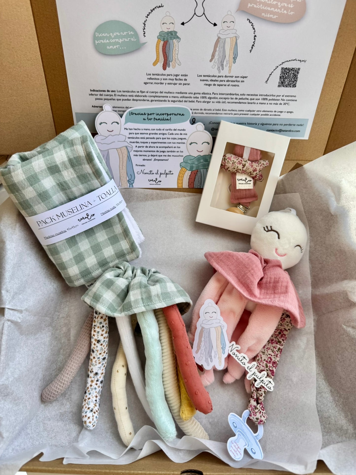 Pack Nonito el pulpito (rosa) + Muselina y toalla + chupetero