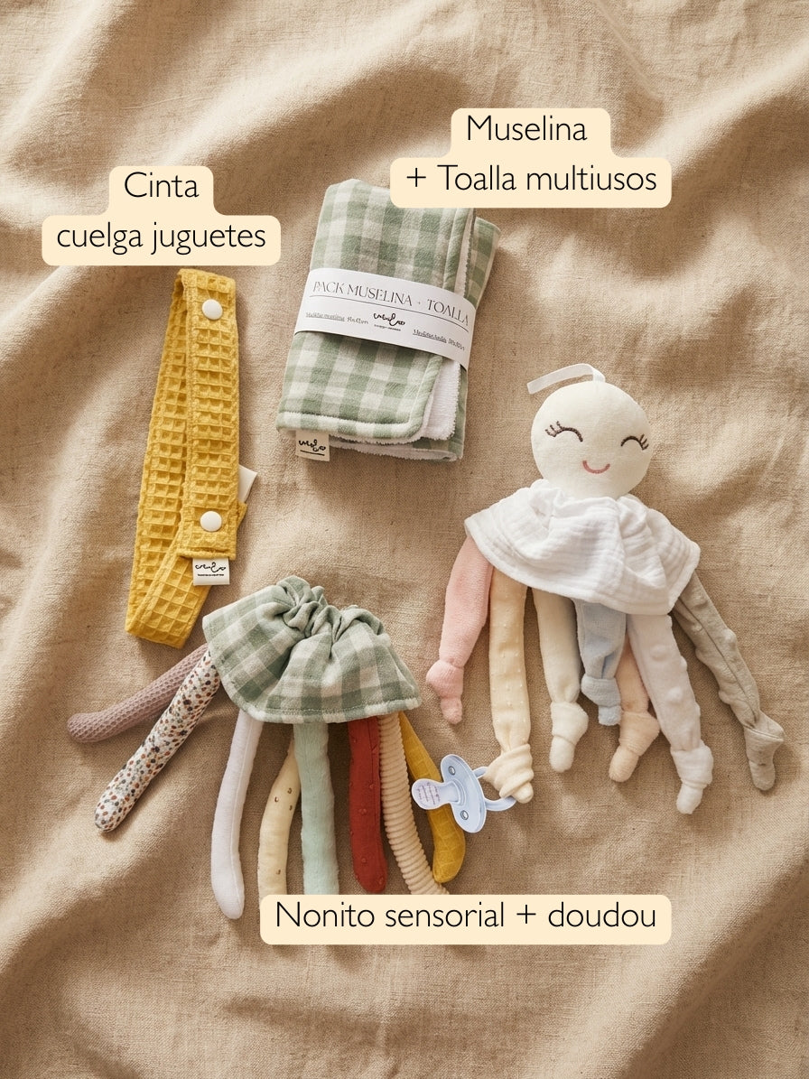 Pack Nonito + Muselina y toalla + cinta cuelga juguetes